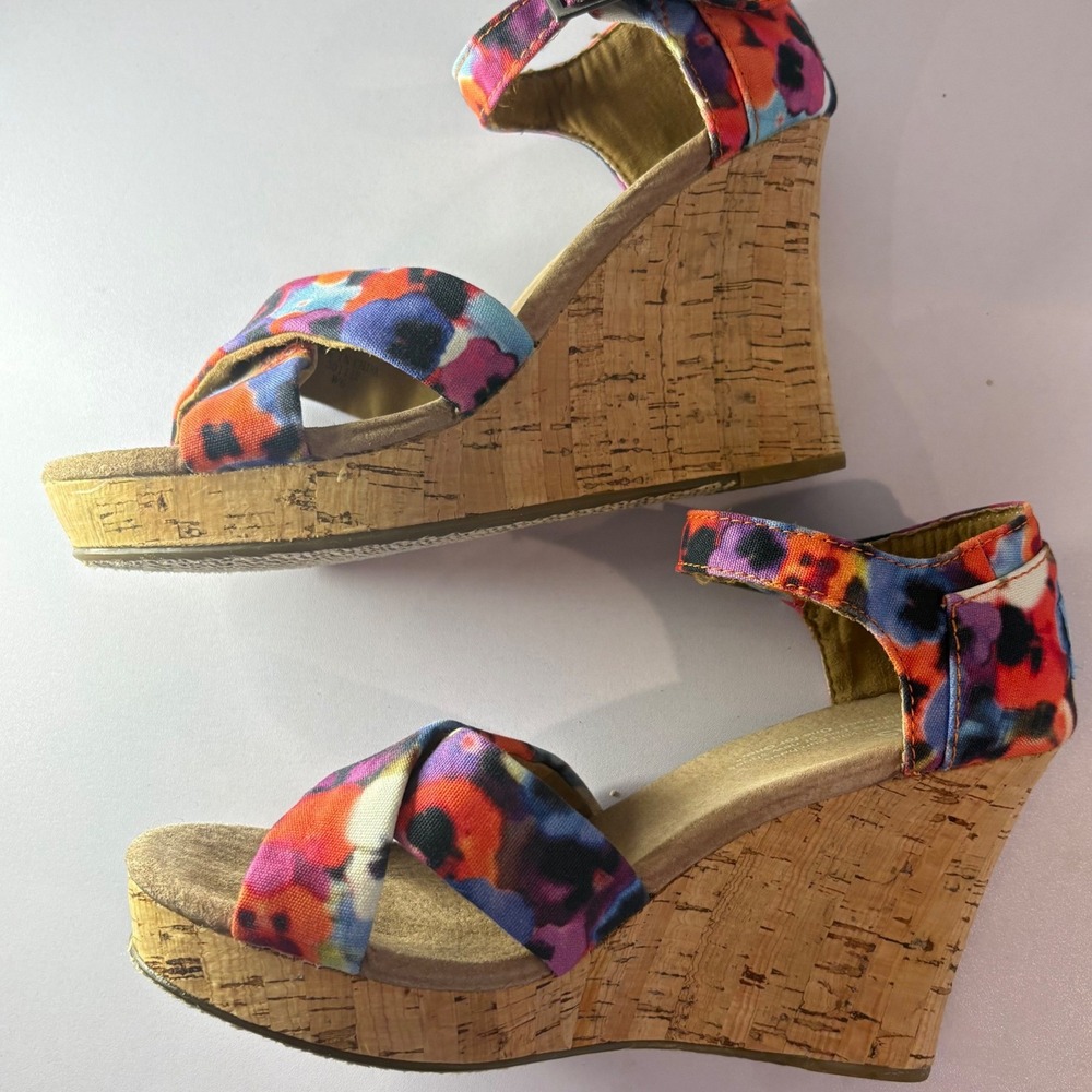 TOMS Size 6 Floral Canvas Cork Wedge Sandal Boho Summer Colorful Strappy Heel - Picture 7 of 13